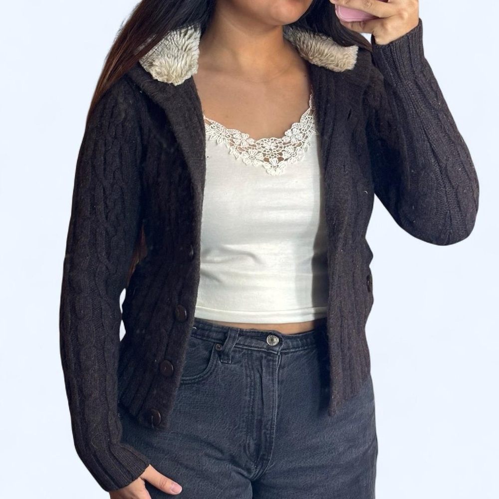 Cozy Cable-Knit fluffy hood Sweater - Dark Brown
